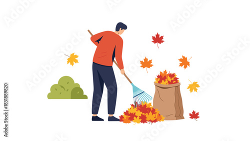 Man raking vibrant autumn leaves into a burlap sack for yard cleanup and seasonal maintenance in a bright and airy outdoor scene