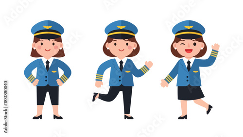 Flat vector sticker set of cute women pilots with airplane icons, maps, and headset. Perfect for aviation career graphics and professional character collections