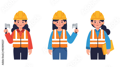 Flat vector set featuring cute women engineers with blueprint, wrench, and hard hat. Ideal for STEM careers, building professions, and industrial illustrations