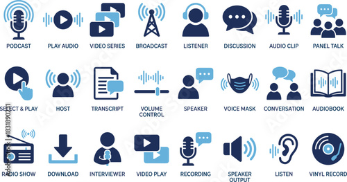 Audio icon set, podcast symbols, media graphics, voice tools, speaker visuals, communication elements, sound wave icons, blue theme design