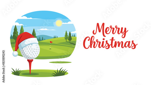 Festive Christmas golf scene featuring a whimsical Santa hat on a golf ball wishing everyone a Merry Christmas for joyful holiday promotions