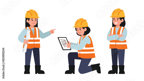 Flat vector set featuring cute women engineers with blueprint, wrench, and hard hat. Ideal for STEM careers, building professions, and industrial illustrations