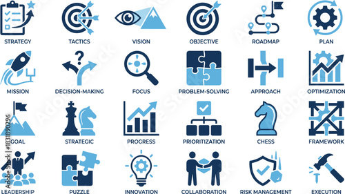 Business strategy icon set, planning symbols, management graphics, leadership visuals, goal setting tools, blue theme, execution elements