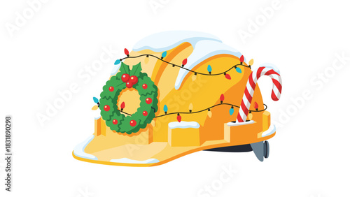 Festive construction worker hardhat decorated for Christmas with lights, wreath, and candy cane celebrates the holiday season beautifully