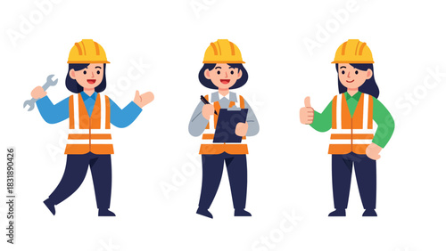 Flat vector set featuring cute women engineers with blueprint, wrench, and hard hat. Ideal for STEM careers, building professions, and industrial illustrations