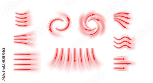 Air flow vector set, red arrows showing wind direction of air movement, straight, swirl and wave hot stream air heater