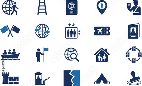 Immigration icon set, travel symbols, border control graphics, passport visuals, global movement icons, visa process, blue line design