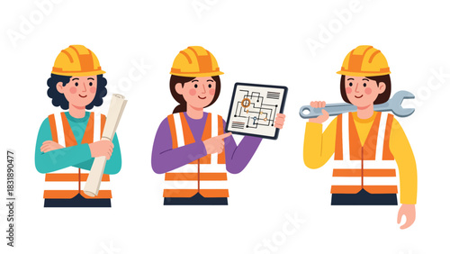 Flat vector set featuring cute women engineers with blueprint, wrench, and hard hat. Ideal for STEM careers, building professions, and industrial illustrations