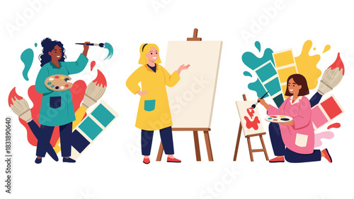 Flat vector set featuring cute women artists painting, sketching, and creating artwork. Ideal for creative career themes and artistic planner elements