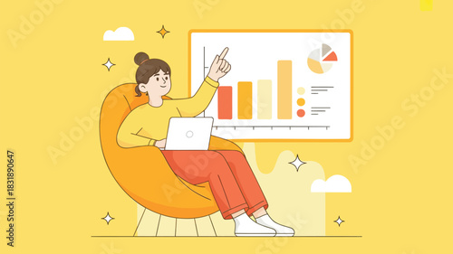 Young woman analyzing financial data on a laptop while sitting in a comfortable chair next to a presentation board