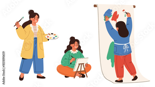 Flat vector set featuring cute women artists painting, sketching, and creating artwork. Ideal for creative career themes and artistic planner elements