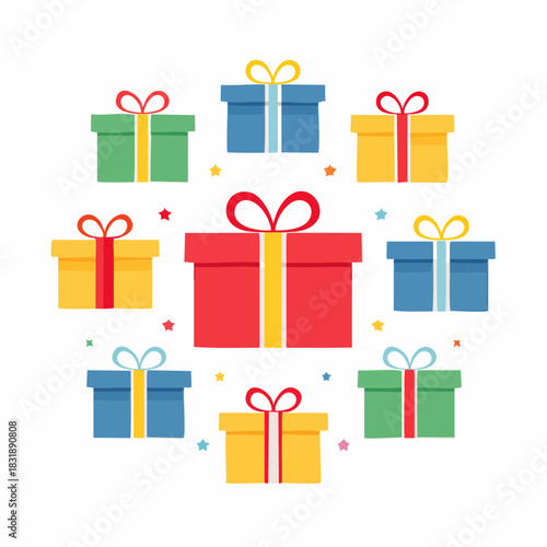Colorful gift boxes with ribbons. Set of wrapped presents. Vector illustration of birthday or holiday gifts. Gift boxes in various colors. Ribbons and bows. White background. Festive design