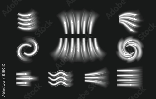 Air flow vector set, white arrows showing wind straight, swirl and wave direction of air movement, fresh streams routes