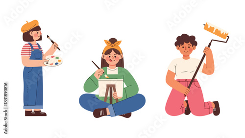 Flat vector set featuring cute women artists painting, sketching, and creating artwork. Ideal for creative career themes and artistic planner elements