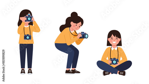 Flat vector sticker collection of women photographers capturing photos, holding camera, and editing shots. Ideal for creative media career visuals