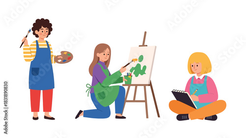 Flat vector set featuring cute women artists painting, sketching, and creating artwork. Ideal for creative career themes and artistic planner elements