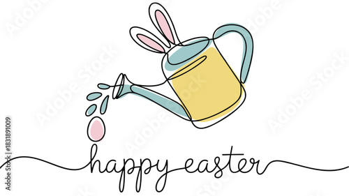 Whimsical easter watering can with bunny ears spills a pastel egg and water droplets