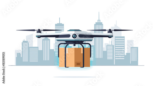 Modern delivery drone carrying package over city skyline promises rapid urban logistics and innovative technology solutions for e-commerce businesses