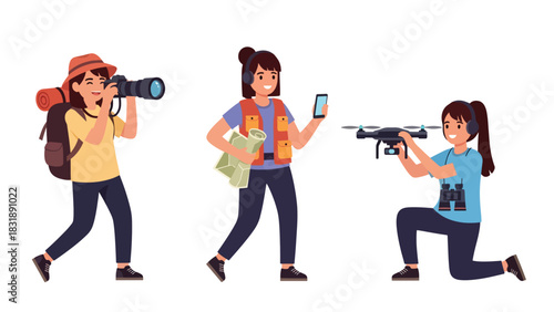Flat vector sticker collection of women photographers capturing photos, holding camera, and editing shots. Ideal for creative media career visuals