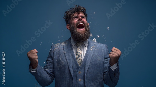 Man in a blue suit with a beard screaming with his fists clenched and white particles flying