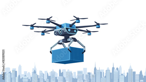 Modern delivery drone carrying cargo container over city skyline promises fast shipping and logistics technology of the future