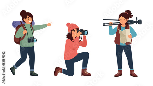 Flat vector sticker collection of women photographers capturing photos, holding camera, and editing shots. Ideal for creative media career visuals