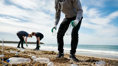 Beach Cleanup Crew: Dedicated volunteers, armed with gloves, work together to rid a beach of plastic bottles. Capturing the spirit of environmental responsibility.