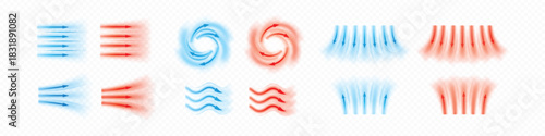Air flow vector set, red and blue arrows wind straight, swirl and wave direction of air movement, cold and hot streams