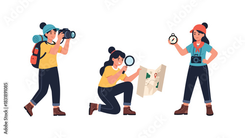 Flat vector sticker collection of women photographers capturing photos, holding camera, and editing shots. Ideal for creative media career visuals