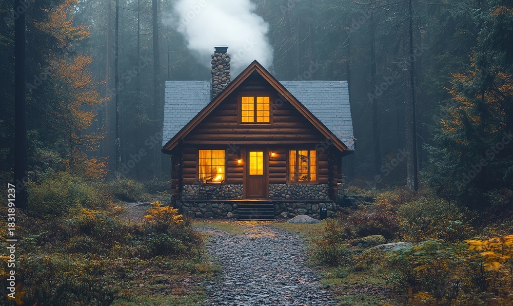 Fototapeta premium Cozy log cabin in a misty autumn forest with smoke from chimney illustration