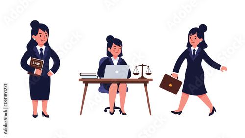 Flat vector sticker set of cute women lawyers holding documents, scales of justice, and speaking confidently. Ideal for legal profession themes
