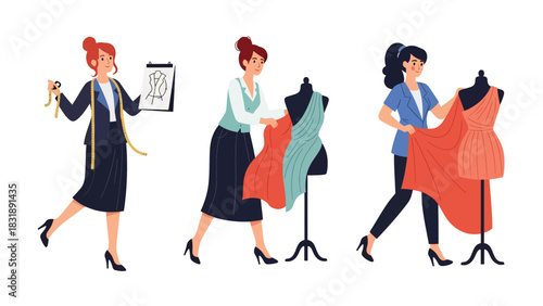 Flat vector sticker set of cute women fashion designers sewing clothes, sketching outfits, and working with mannequins. Perfect for creative career themes