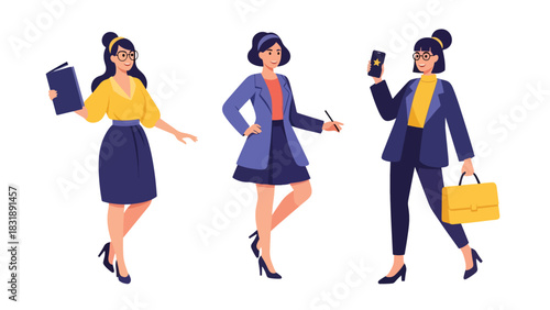 Flat vector sticker set of cute women lawyers holding documents, scales of justice, and speaking confidently. Ideal for legal profession themes