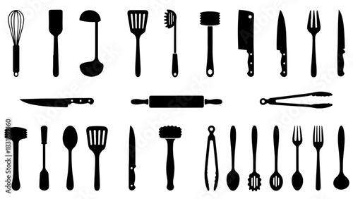 Assorted Kitchen Utensil Silhouettes in Organized Rows – Clean Vector Culinary Set