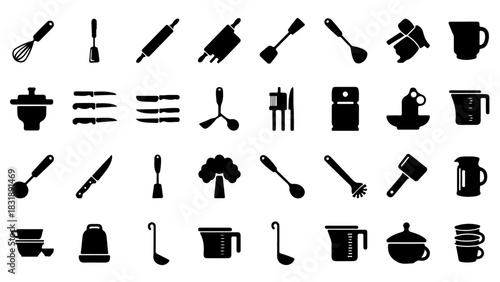 Assorted Kitchen Utensil Silhouettes in Organized Rows – Clean Vector Culinary Set