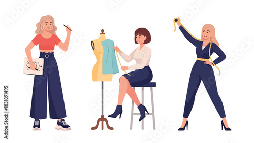 Flat vector sticker set of cute women fashion designers sewing clothes, sketching outfits, and working with mannequins. Perfect for creative career themes