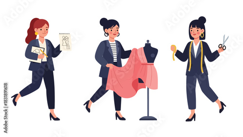 Flat vector sticker set of cute women fashion designers sewing clothes, sketching outfits, and working with mannequins. Perfect for creative career themes