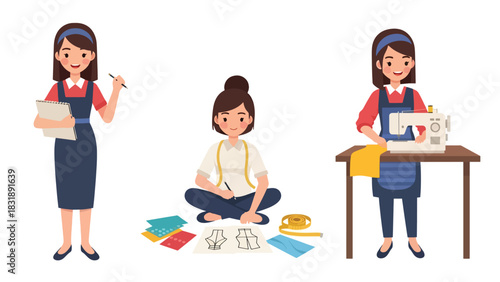 Flat vector sticker set of cute women fashion designers sewing clothes, sketching outfits, and working with mannequins. Perfect for creative career themes