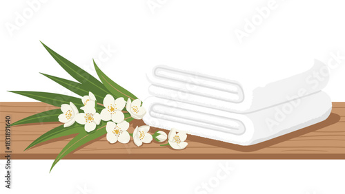 Inviting soft white towels elegantly folded with fresh jasmine blossoms, perfect for spa promotions or serene bathroom designs
