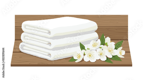 Serene wellness with fresh white towels and jasmine blossoms on rustic wood, evoke relaxation and spa luxury in your designs