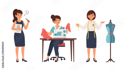 Flat vector sticker set of cute women fashion designers sewing clothes, sketching outfits, and working with mannequins. Perfect for creative career themes