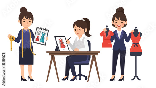 Flat vector sticker set of cute women fashion designers sewing clothes, sketching outfits, and working with mannequins. Perfect for creative career themes