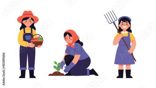 Flat vector collection featuring cute women farmers harvesting vegetables, watering plants, and working outdoors. Ideal for agriculture job visuals