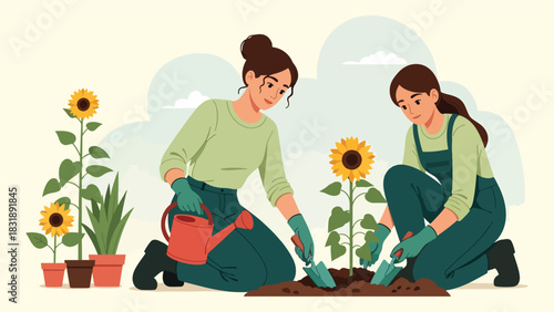 Flat vector collection featuring cute women farmers harvesting vegetables, watering plants, and working outdoors. Ideal for agriculture job visuals