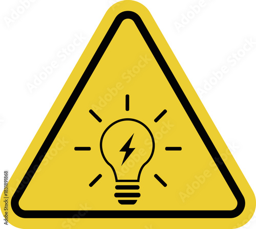 Light bulb. Yellow warning triangle sign. Electrical equipment. Risk of electric shock when working with lighting. Observe safety precautions. Lighting equipment.