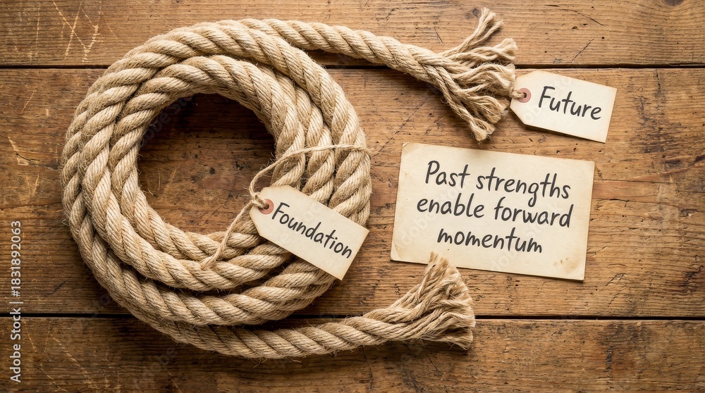 Fototapeta premium Rope tied in a circle with a foundation tag and inspirational quote