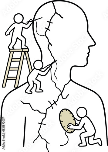 Abstract Mental Health Concept - Tiny Figures Repairing Cracks in Human Silhouette