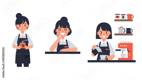 Flat vector sticker set showing cute women baristas brewing coffee, pouring latte art, and serving drinks. Ideal for café lifestyle and beverage job themes