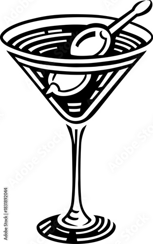 A vintage style illustration of a martini glass with an olive garnish in woodcut, etching, or engraving style. This retro, art deco design captures the classic charm of cocktail culture.