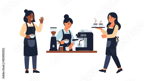 Flat vector sticker set showing cute women baristas brewing coffee, pouring latte art, and serving drinks. Ideal for café lifestyle and beverage job themes